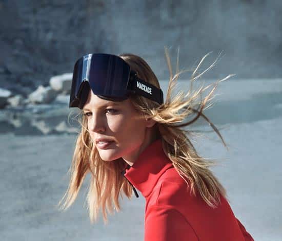 young woman cross-country skiing in the mountain wearing a mackage ski goggle-image for front