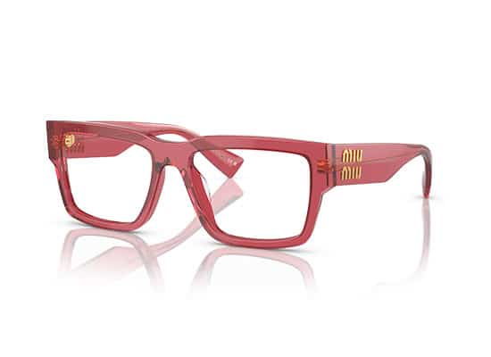 Bold transparent red eyeglasses from Miu Miu with the brand name in gold on the temples and a distinctive angular shape. miu miu brand