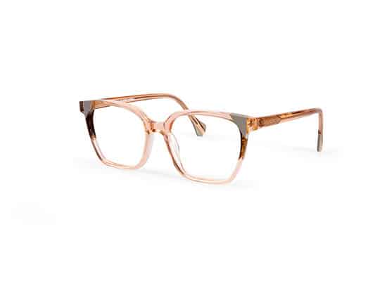 Chic eyeglasses with clear pink frames, gold accents and a touch of tortoiseshell pattern on the temples for subtle elegance. mark tree show