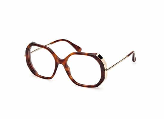 Eyeglasses with cat-eye acetate frame, gradient from red to blue with gold temples.