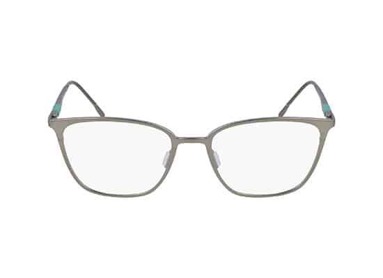 Clean cat-eye glasses with a metallic gray frame and subtle blue corner details. Skaga brand