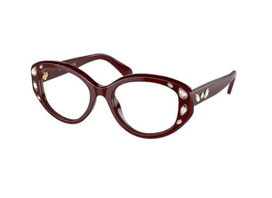 Vintage style cat-eye glasses in deep burgundy with crystal embellishments on the front and temples. swarovski brand