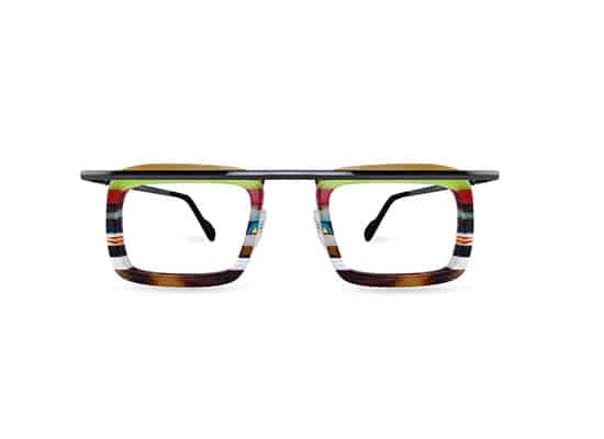 Stylish rectangular glasses with a colorful striped pattern on the temples and a dark top border. ultra limited brand