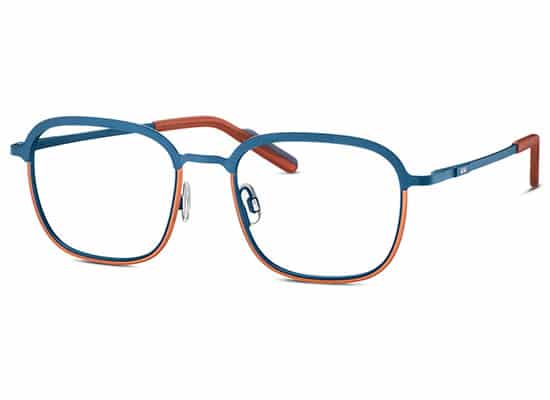 Full-rim glasses with matte blue frame on top and translucent orange on the bottom, with thin temples. mini brand
