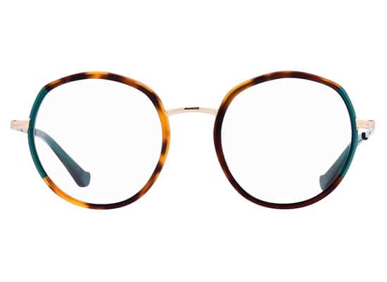 Round eyeglasses with tortoiseshell frame in shades of brown and orange, and thin metal temples. krys signature brand