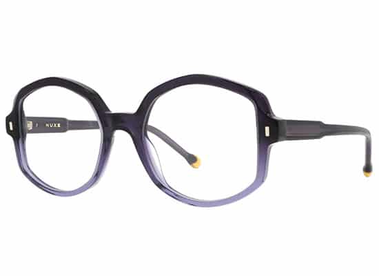 Full-rim glasses with transparent plastic frame tinted in purple and black temples. nuxe brand