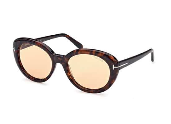 Tom Ford designer sunglasses with round tortoiseshell frames and light brown tinted lenses, featuring the brand's iconic T logo on the temples. tom ford brand