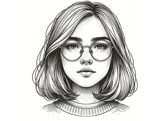 Black and white illustration of a young woman wearing round, thin-framed glasses.