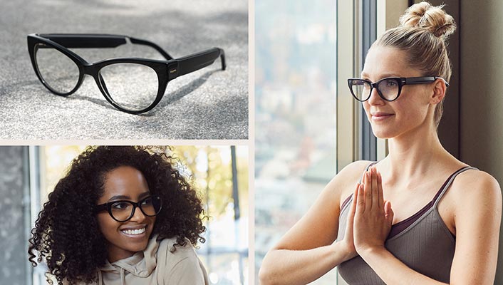 Un collage de trois images montrant une paire de lunettes intelligentes noires sur une surface texturée, une femme souriante portant des lunettes et une autre femme en posture de prière portant les mêmes lunettes.