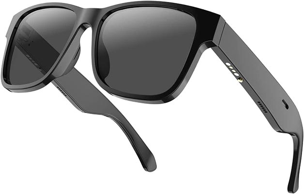 A pair of Ruimen smart sunglasses with a thick black frame and tinted lenses resting on a white background.