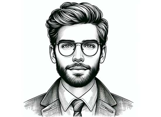 Black and white illustration of a man with a modern hairstyle, light beard and round thin-framed glasses.