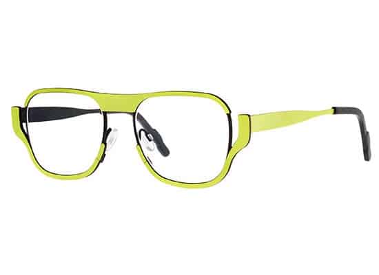 Contemporary eyeglasses with rectangular metal frames in lemon yellow.