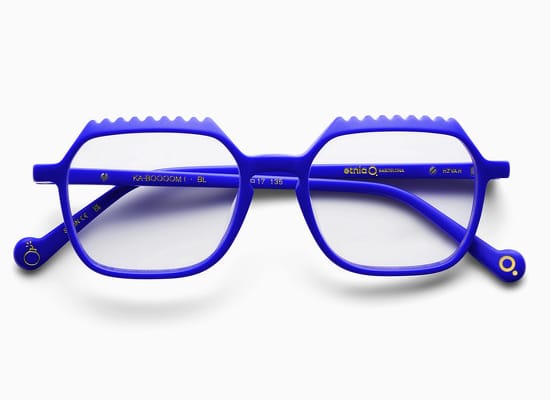 Vibrant blue optical frame with creatively cut borders and specs printed on the temple. etnia barcelona cartoon collection