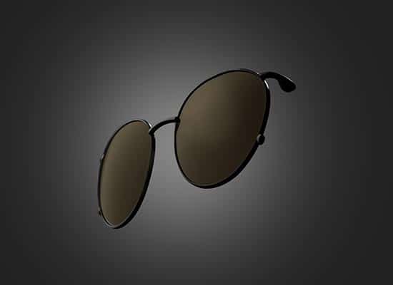 Minimalist image of round sunglasses with black frames, front view, on a dark gray background for a dramatic effect.