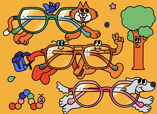 Playful poster showing children's prescription glasses in different colors, transformed into smiling characters on a yellow background, with elements of play and nature.