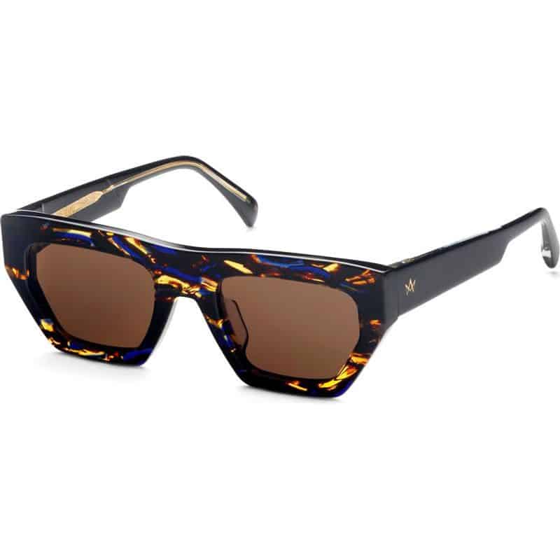 Stylish sunglasses with thick brown and blue tortoiseshell frames, rectangular brown lenses and designer signature on the temples.