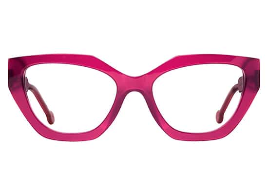Oversized fuchsia pink plastic eyeglasses, geometric and modern design.