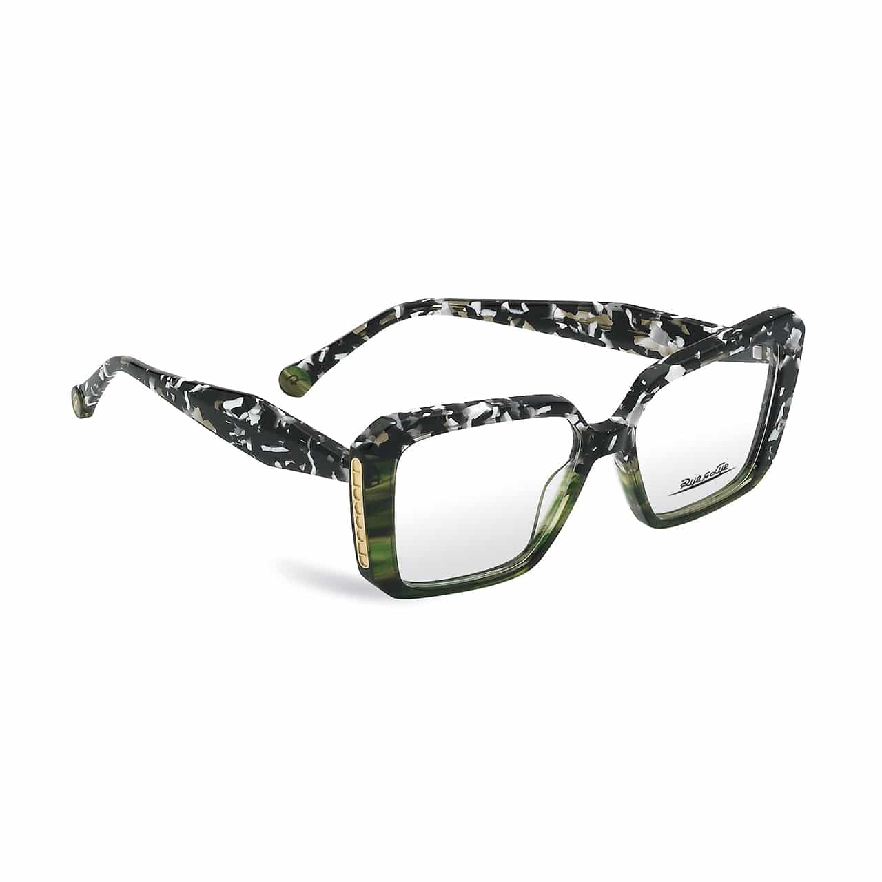 Retro eyeglasses with thick square frames, black and white camouflage pattern with green accents, thick temples and gold plaque on the hinge.