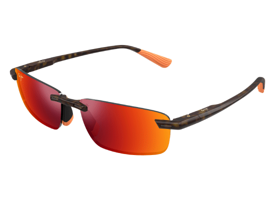 Lunettes de soleil Maui Jim avec des verres rouges et une monture écaille de tortue.