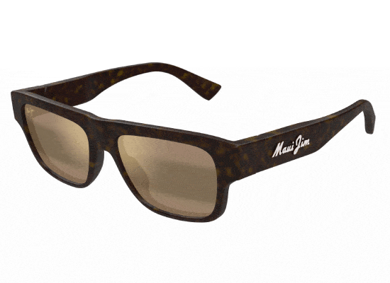 Maui Jim sunglasses with light brown lenses and thick tortoiseshell frames.