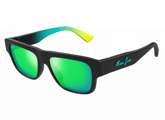 Maui Jim sunglasses with green lenses and thick black frames, green to yellow gradient temples.