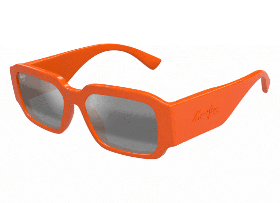 Maui Jim sunglasses with grey lenses and thick orange frames.