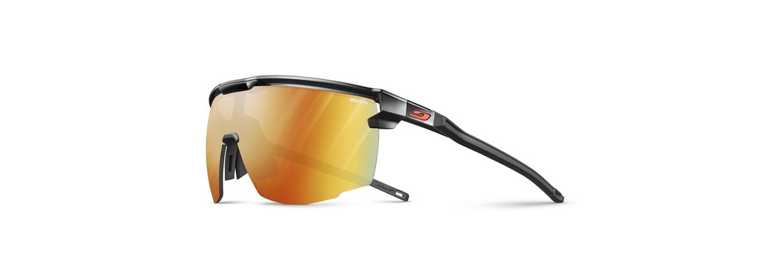 Julbo sports sunglasses with reflective orange lenses and black frames.