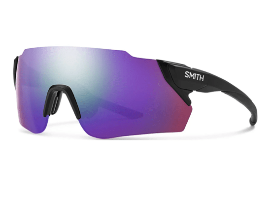 Smith sunglasses with purple reflective lenses and black frames.