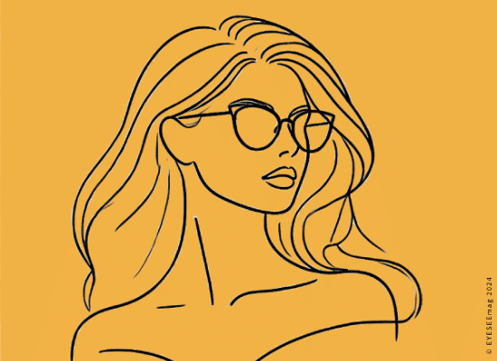 Minimalist illustration of a woman with long hair wearing sunglasses, against an orange background.