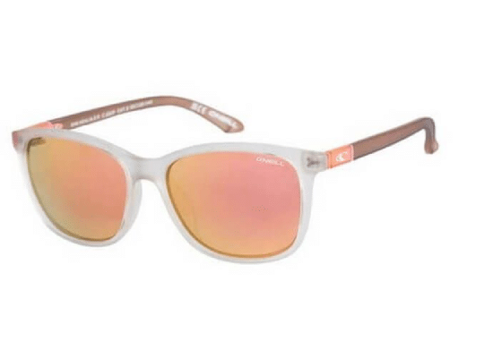 O'Neill sunglasses with translucent white frames and pink mirror lenses.