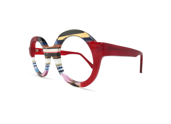 Round glasses with thick red frame and multicoloured striped details on the rims brand IVREA L Rosso