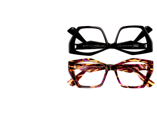 Two pairs of glasses with geometric frames: one in black and one with a purple and orange tortoiseshell pattern.