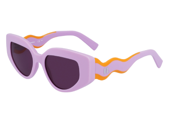 Lunettes de soleil violettes et oranges à monture épaisse et branches ondulées, design moderne et ludique.