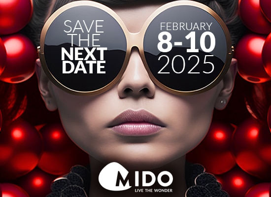 Portrait d'une femme portant de grandes lunettes de soleil rondes, avec le texte "Save the Next Date" pour l'événement MIDO du 8-10 février 2025.