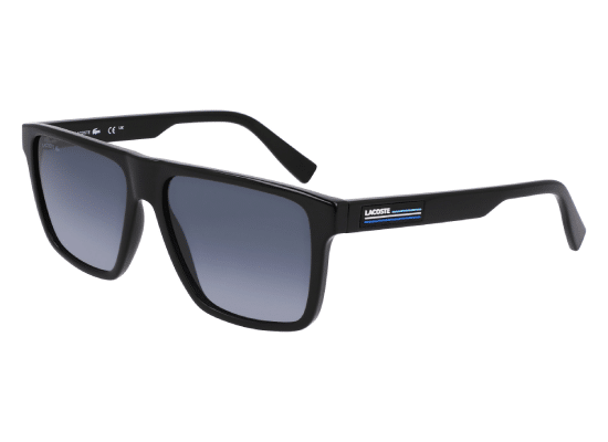 Lunettes de soleil Lacoste à monture noire rectangulaire avec détails bleus sur les branches.