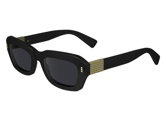 Thick black sunglasses with temples decorated with small gold crystals.