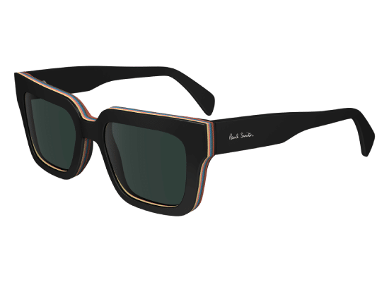 Lunettes de soleil Paul Smith à monture noire carrée avec une fine ligne colorée sur les bords.