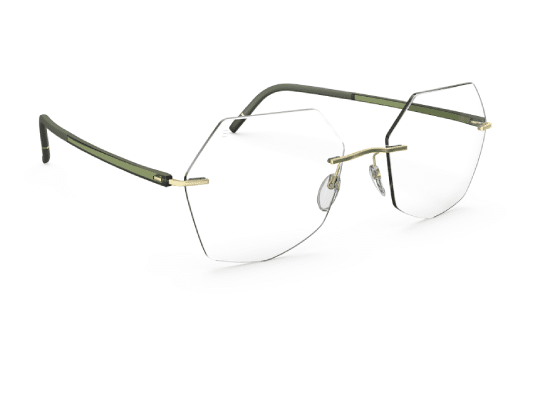 Lunettes de vue légères avec monture hexagonale métallique dorée et branches fines vertes marque Silhouette