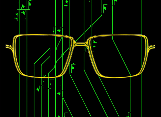 Optic 2000 thin gold frames on a black background with green circuit motifs