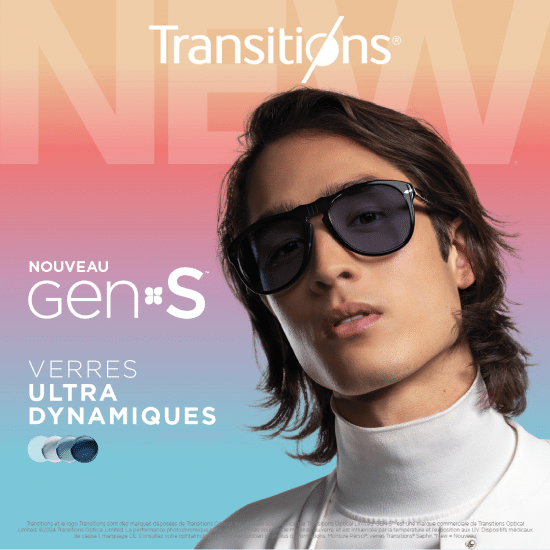 Homme portant des lunettes de soleil Transitions Gen 8 avec verres photochromiques ultra dynamiques, fond dégradé orange à bleu avec le texte "Nouveau Gen S, verres ultra dynamiques".