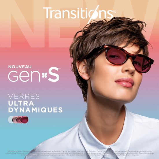 Femme portant des lunettes de soleil Transitions Gen 8 avec monture écaille et verres photochromiques, fond dégradé orange à bleu avec le texte "Nouveau Gen S, verres ultra dynamiques".